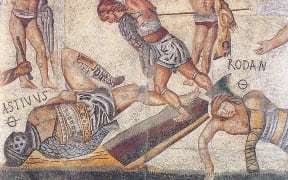 Part of the Gladiator Mosaic, displayed at the Galleria Borghese. c. 320 AD. The Ø symbol marks a gladiator killed in combat