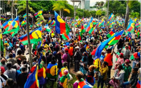 Tens of thousands of pro-independence supporters with Kanaky flags gathered on Nouméa's Coconut Square on Saturday 13 April 2024.
