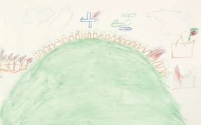 ‘I heard the bomb so I took my rabbit, and my brother took me to hide in the toilet.’ Drawn at Hampden Park Public School,Sydney, Australia
