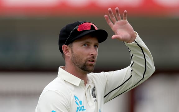 Devon Conway waves up to the balcony as he leads the New Zealand Black Caps off the field having scored 200 at Lord's.