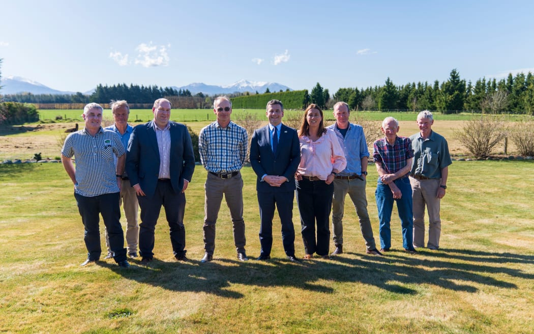 Mid Canterbury farmers met with Deputy Prime Minister David Seymour and Act MP Andrew Hoggard in September. [From left] Colin Hurst, Ian McKenzie, Hon Andrew Hoggard, David Clark, Hon David Seymour, Kate Ackland, David Ackland, Terry Clark and Phill Everest.
