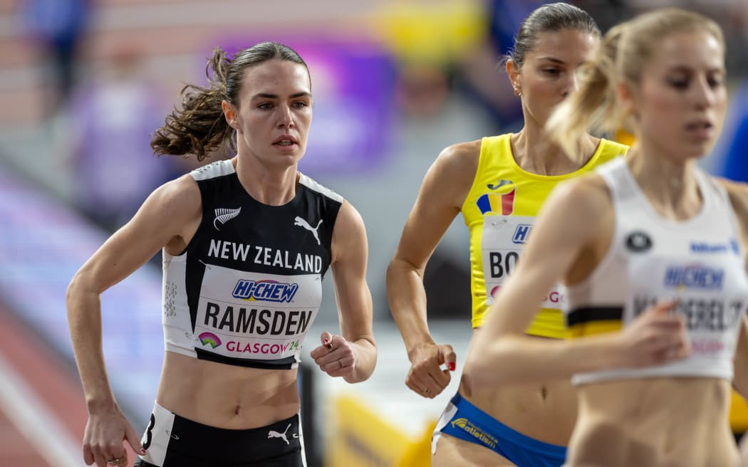 New Zealand’s Maia Ramsden running in the 1500m at the 2024 World Athletics Indoor Championships, Glasgow.