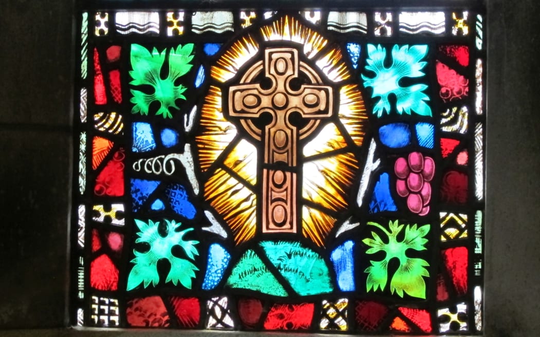 Stained glass image of crucifix at St Luke's Church, Remuera, Auckland.