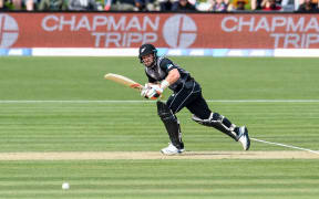 Tim Seifert plays a shot during the first T20 International between New Zealand and England and Hagley Oval in Christchurch.