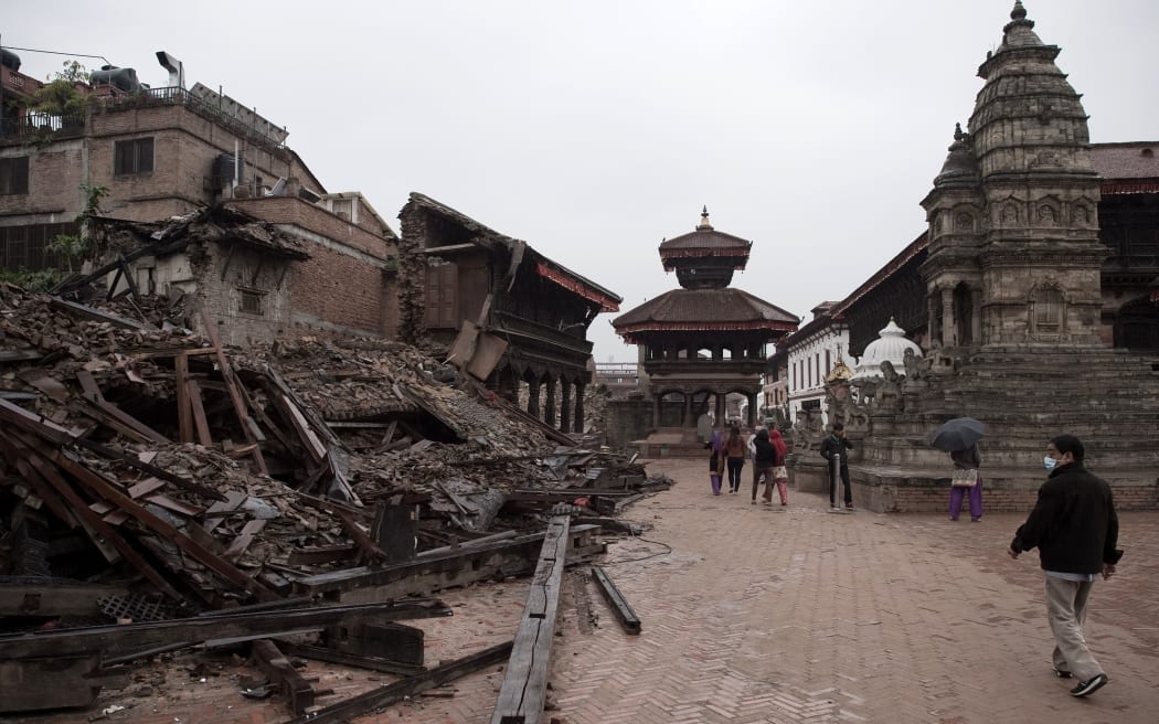 A collapsed structure on the outskirts of the Nepalese capital Kathmandu.