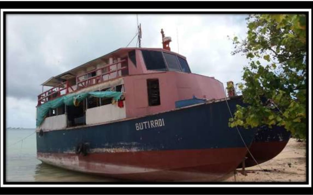 The MV Butiraoi, a 17-metre wooden catamaran, which sank in Kiribati in January 2018.