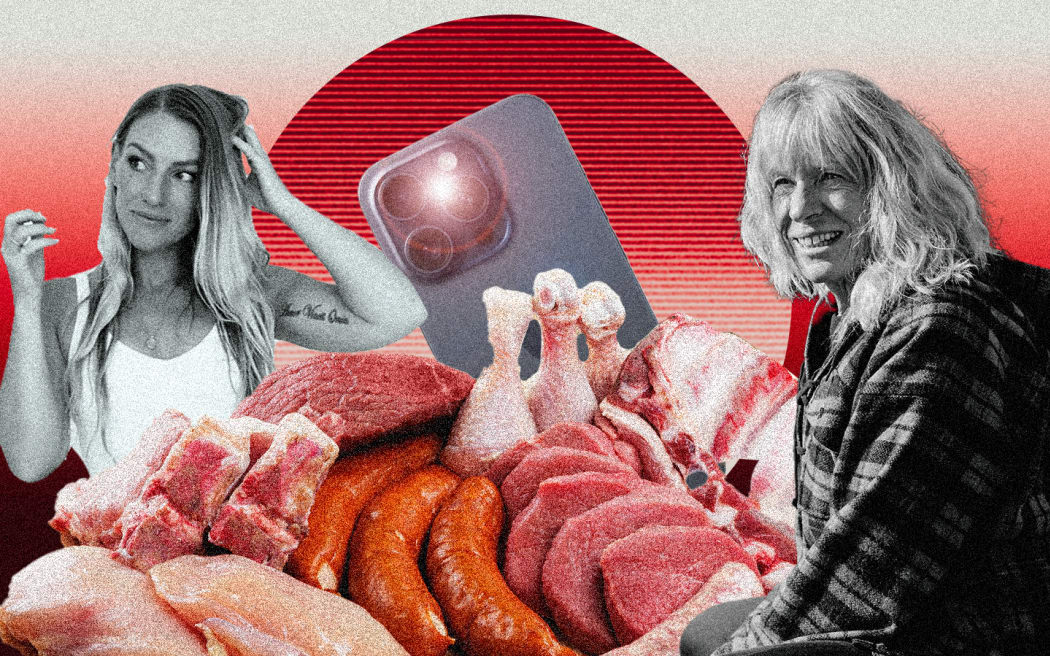 Composite image of pre-cooked meats as well as two influencers who support meat-only or animal-based diets