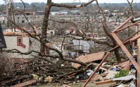 LITTLE ROCK, AR - MARCH 31: The damaged remains of the Walnut Ridge neighborhood is seen on March 31, 2023 in Little Rock, Arkansas. Tornados damaged hundreds of homes and buildings Friday afternoon across a large part of Central Arkansas. Governor Sarah Huckabee Sanders declared a state of emergency after the catastrophic storms that hit on Friday afternoon. According to local reports, the storms killed at least three people.   Benjamin Krain/Getty Images/AFP (Photo by Benjamin Krain / GETTY IMAGES NORTH AMERICA / Getty Images via AFP)