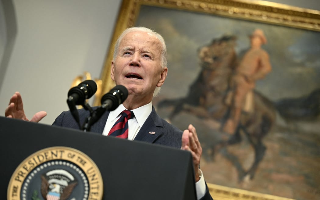 US President Joe Biden speaks about Hurricane Milton in the Roosevelt Room of the White House in Washington, DC, on October 9, 2024. - Florida residents fled or just hunkered down in the final hours October 9, 2024 before Milton pummels the state, as government emergency relief efforts were dragged to the center of the US election. (Photo by Brendan SMIALOWSKI / AFP)