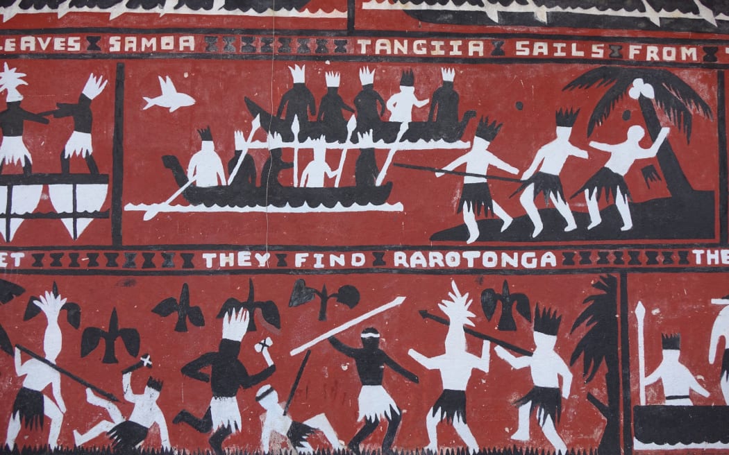 A mural illustrating the Polynesian settling of Rarotonga in the Cook Islands, on a wall at the country's main secondary school Tereora College