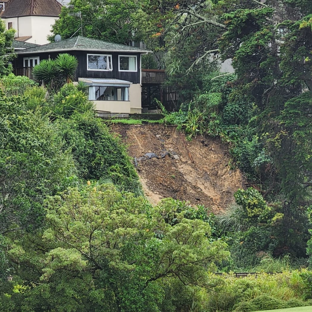 A land slip at Brighton Road, Parnell after heavy rain in Auckland.