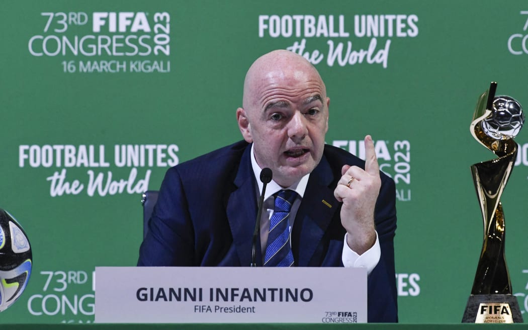 FIFA President Gianni Infantino gestures during a press conference at the 73rd FIFA Congress in Kigali, Rwanda, on 16 March, 2023. 

(Photo by SIMON MAINA / AFP)