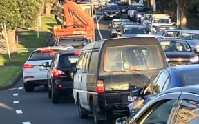 Traffic on Rimu Rd, Mangere Bridge, as morning commuters try and find a way to get on the motorway.