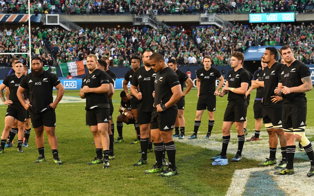 A dejected All Blacks side after losing to Ireland in Chicago in 2016.  Ireland have never beaten the All Blacks in Ireland.