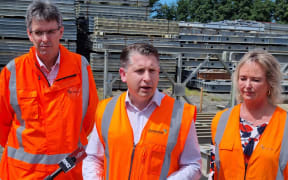Waka Kotahi national emergency response team leader Mark Owen, Transport Minister Michael Wood, MP for Tukituki Anna Lorck.
