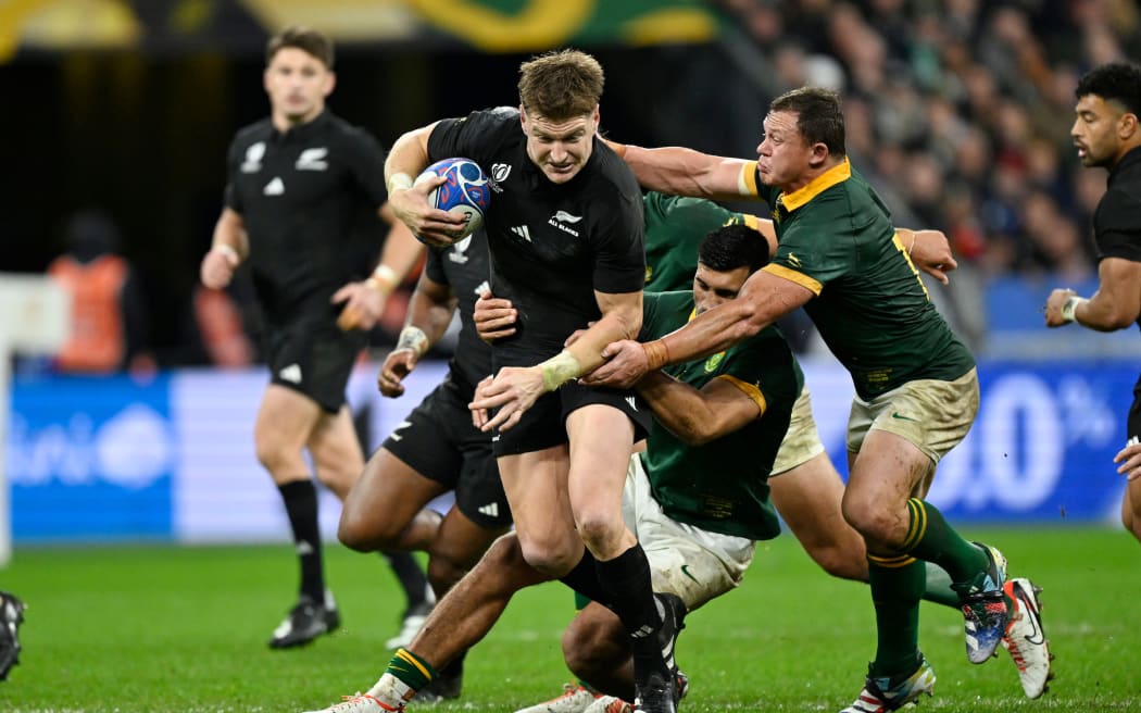 All Black Jordie Barrett in action during the 2023 Rugby World Cup final between the New Zealand and South Africa at Stade de France.