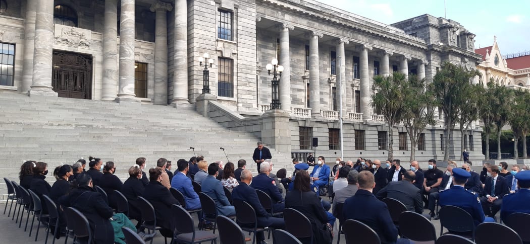 Senior politicians and Te Ati Awa representatives attend a ceremony marking the reopening of Parliament grounds after the occupation by protesters.