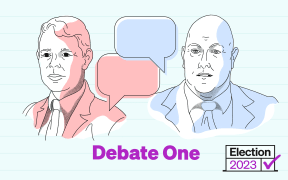 Stylised image of Chris Hipkins and Christopher Luxon and speech bubbles for their head to head debate.