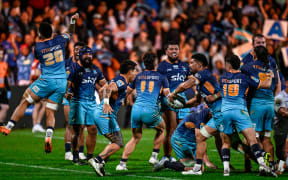 Moana Pasifika team celebrate their win over the Blues, Moana Pasifika v Blues, round 14 of the Super Rugby Pacific competition at North Harbour Stadium, Auckland, New Zealand on Saturday 17 May 2025.