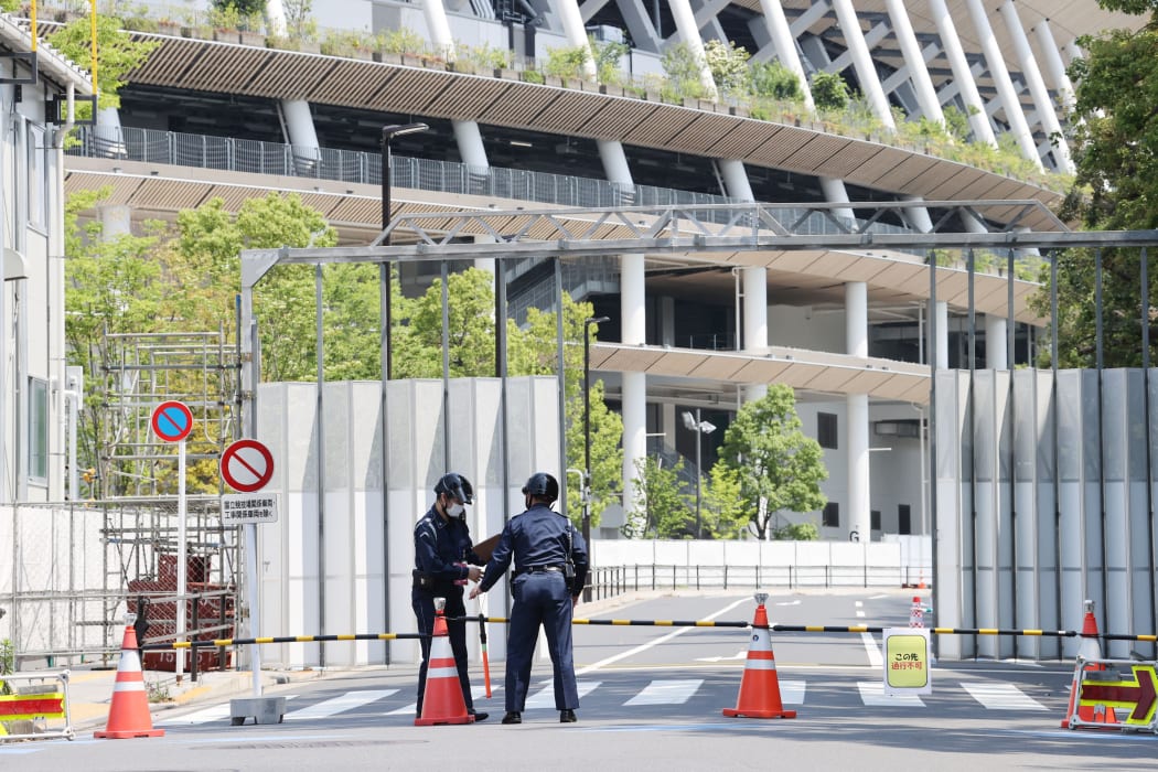 A road to the National Stadium, Olympic Stadium, is closed in Shinjuku, Tokyo on June 8, 2021. Traffic control around the stadium started on the same day ahead of the Tokyo Olympic Games opening ceremony.