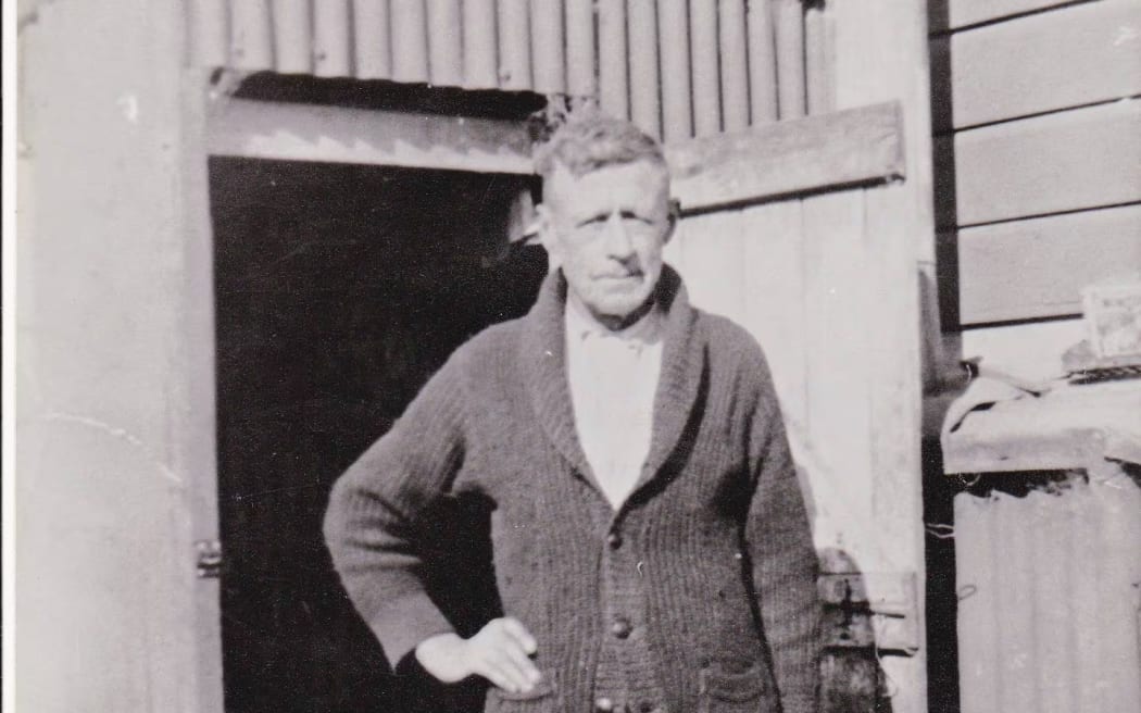 Herbert William Brunton outside his hut in Wairoa, where he was killed in 1948.