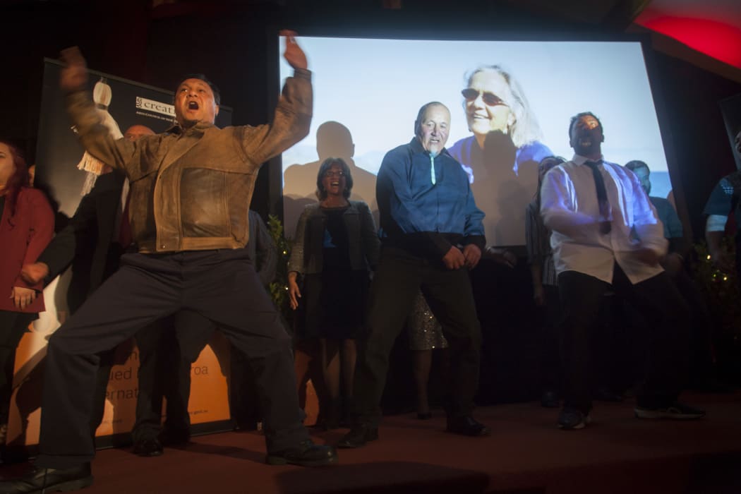 Patricia's whanau perform the haka Ka Mate after she accepts her award.