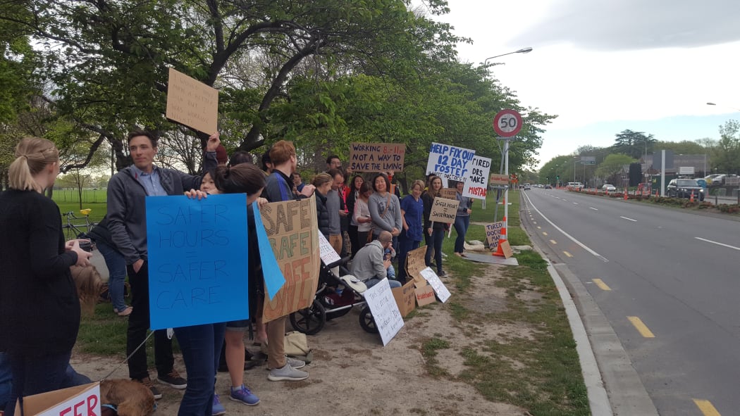 Junior doctors on strike outside Christchurch Hospital.
