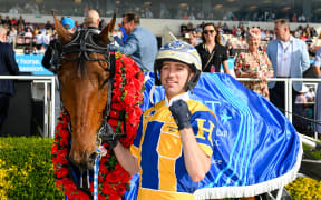 Swayzee driven by Cameron Hart, wins the 2023 NZ Trotting Cup.