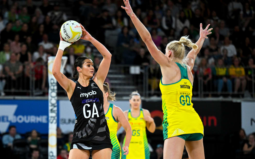 Ameliaranne Ekenasio of New Zealand (left) in action during the Constellation Cup netball match between the Australia Diamonds and the New Zealand Silver Ferns at John Cain Arena in Melbourne, Wednesday, October 19, 2022. (AAP Image/James Ross/ www.photosport.nz
