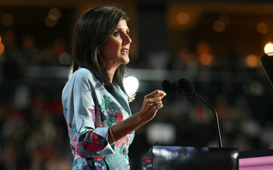 US former ambassador to the United Nations and South Carolina Governor Nikki Haley speaks during the second day of the 2024 Republican National Convention at the Fiserv Forum in Milwaukee, Wisconsin, July 16, 2024. Days after he survived an assassination attempt Donald Trump won formal nomination as the Republican presidential candidate and picked right-wing loyalist J.D. Vance for running mate, kicking off a triumphalist party convention in the wake of last weekend's failed assassination attempt. (Photo by ANGELA WEISS / AFP)