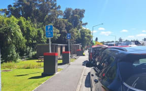 Kea proof bins lining a street next to a footpath.