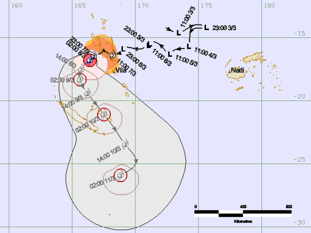 Forecast track for Cyclone Hola a category two at 3am Thursday 08 March 2018.
