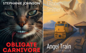 Covers of Elizabeth Smither's Angel Train and Stephanie Johnson's Obligate Carnivore, both published by Christchurch-based Quentin Wilson Publishing.
