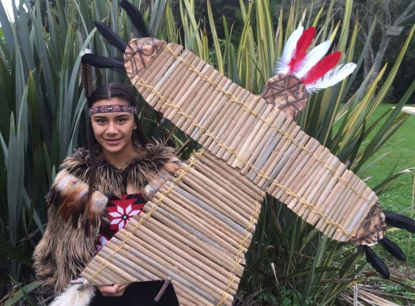 A manu tukutuku kite in the shape of a bird created by Harko Brown.