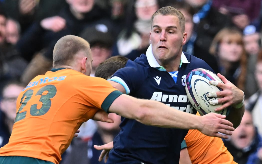 Scotland's wing Duhan van der Merwe in action against Australia, 2024.