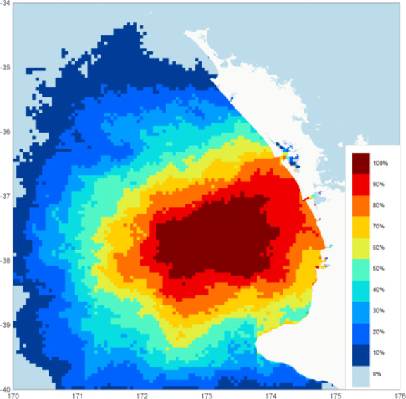 Oil spill prediction map for a Gulf of Mexico style blowout off the Taranaki coast.