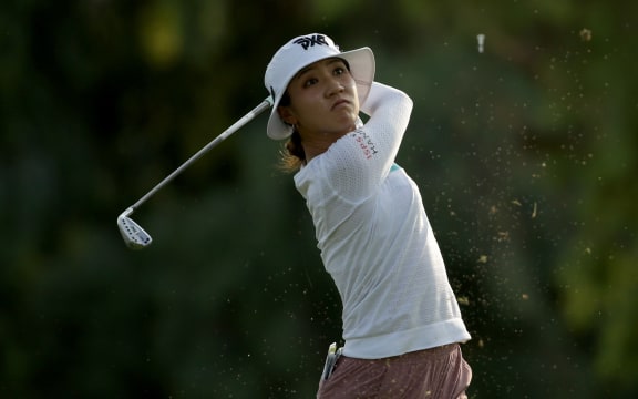 Lydia Ko of New Zealand plays a tee shot on the 17th hole during the second round of the ANA Inspiration at the Dinah Shore course at Mission Hills Country Club on September 10, 2020 in Rancho Mirage, California.