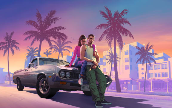 Rockstar Games' Grand Theft Auto 6 artwork with character Jason and Lucia.