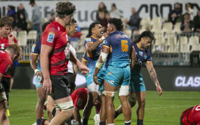 Miracle Faillagi celebrates scoring a try with Pepesana Patafilo during the Crusaders v Moana Pasifika, Super Rugby Pacific match, Apollo Projects Stadium, Christchurch.