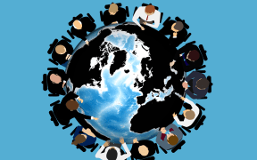 Group authority people and Businessmans- world government discussing geopolitics, International and national interests, sitting at a round table with the image of the globe. Top view illustration.