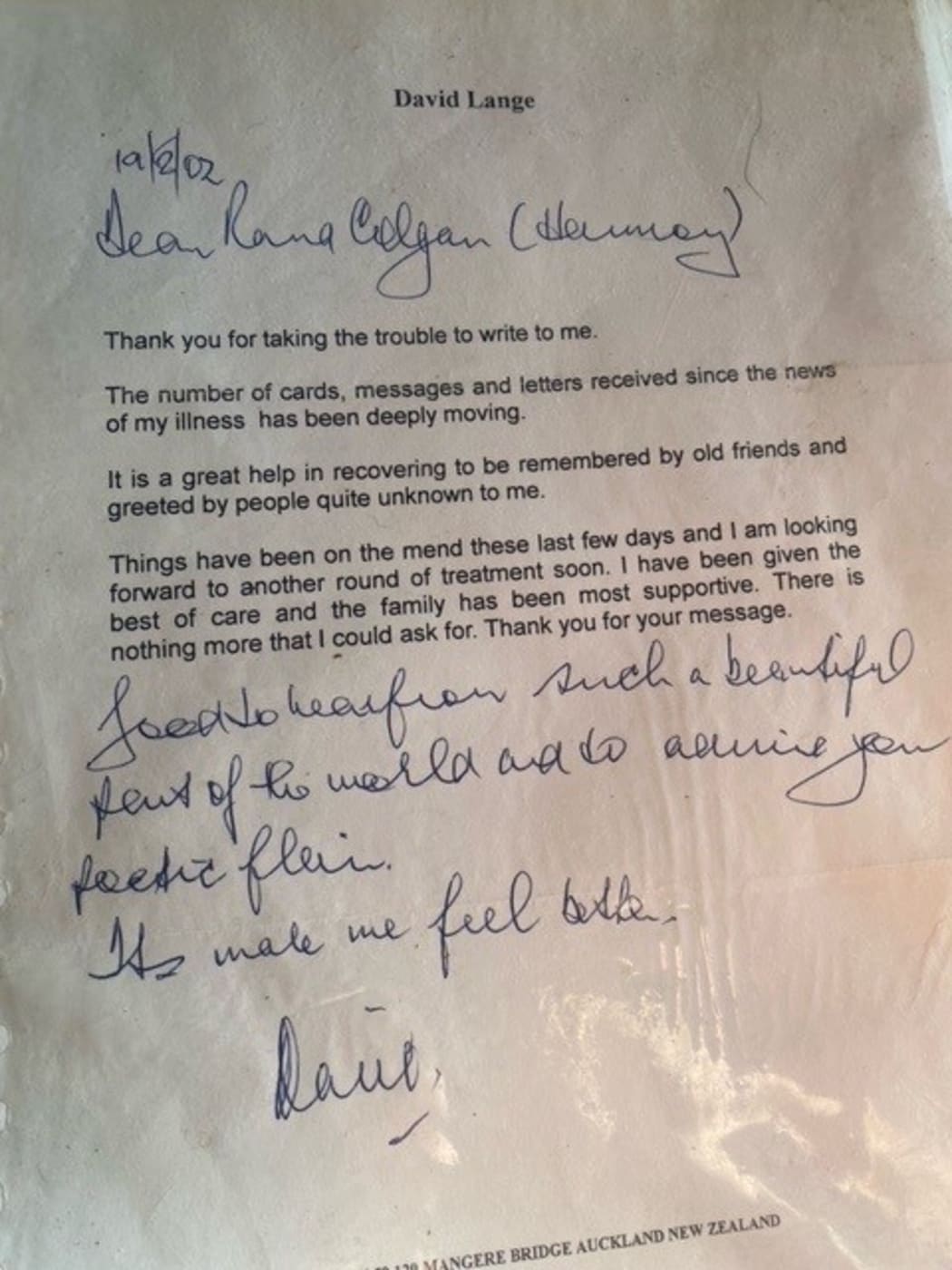 Letter from David Lange, to Harmony