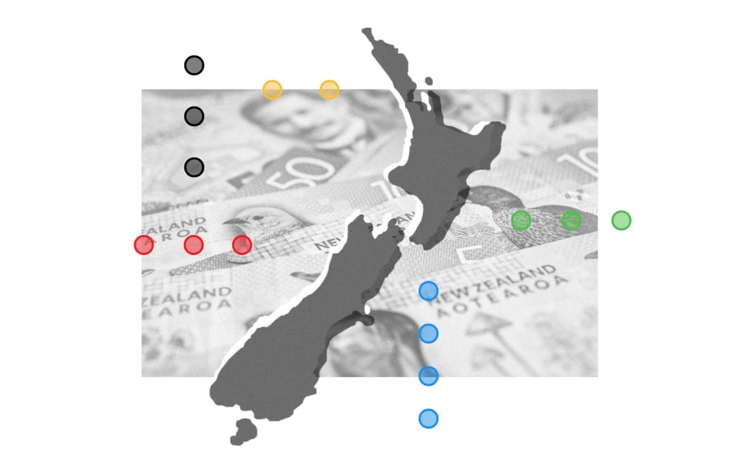 Collage of NZ map, icons of political parties, and money
