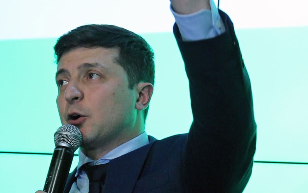 Volodymyr Zelenskiy , Ukrainian comic actor and candidate in the presidential election, reacts during his visit a campaign headquarters following a presidential election in Kiev, Ukraine, on 31 March 2019.
