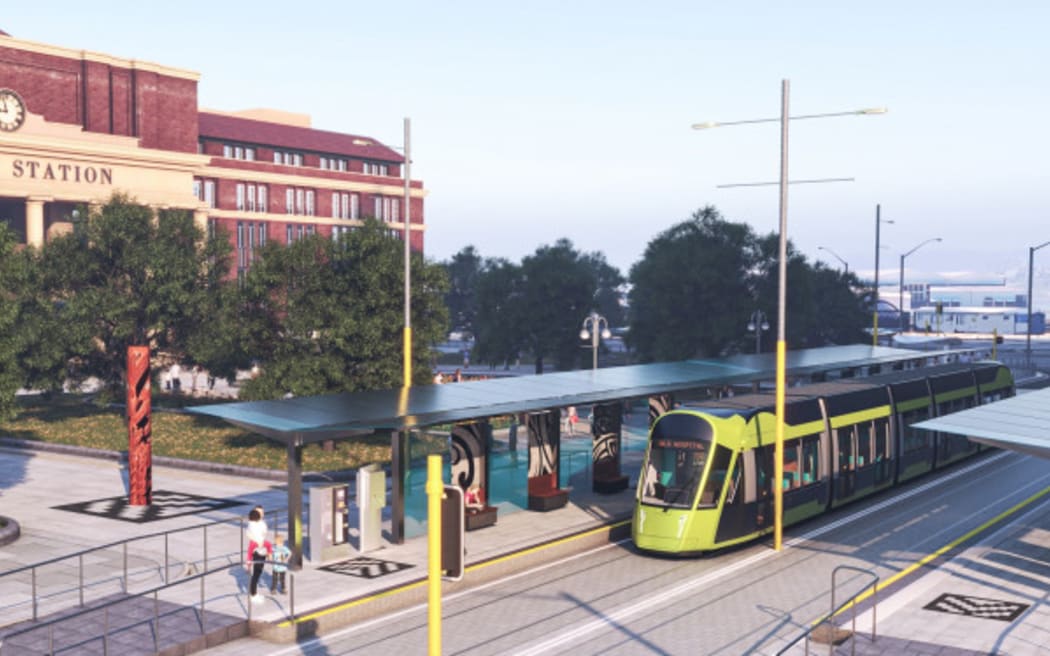 An illustration shows plans for light rail outside Wellington's central city train station.