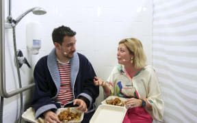 Radio host Sarah Gandy with host James Nokise.