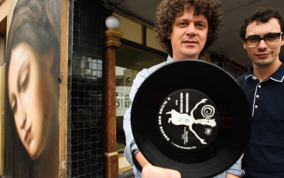 Ben Howe and Matthew Davis outside the Flying Out Record Store.