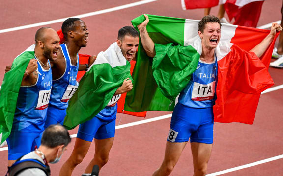 Italy win the mens 4 x 100m final. Team of Lorenzo Patta, Eseosa Desalu, Marcell Jacobs and Filippo Tortu  Olympic Stadium, Tokyo