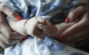 Hands of baby and mother