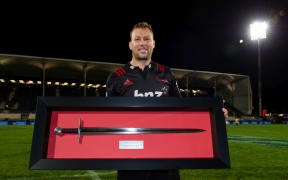 Wyatt Crockett celebrates becoming most capped Super Rugby player.