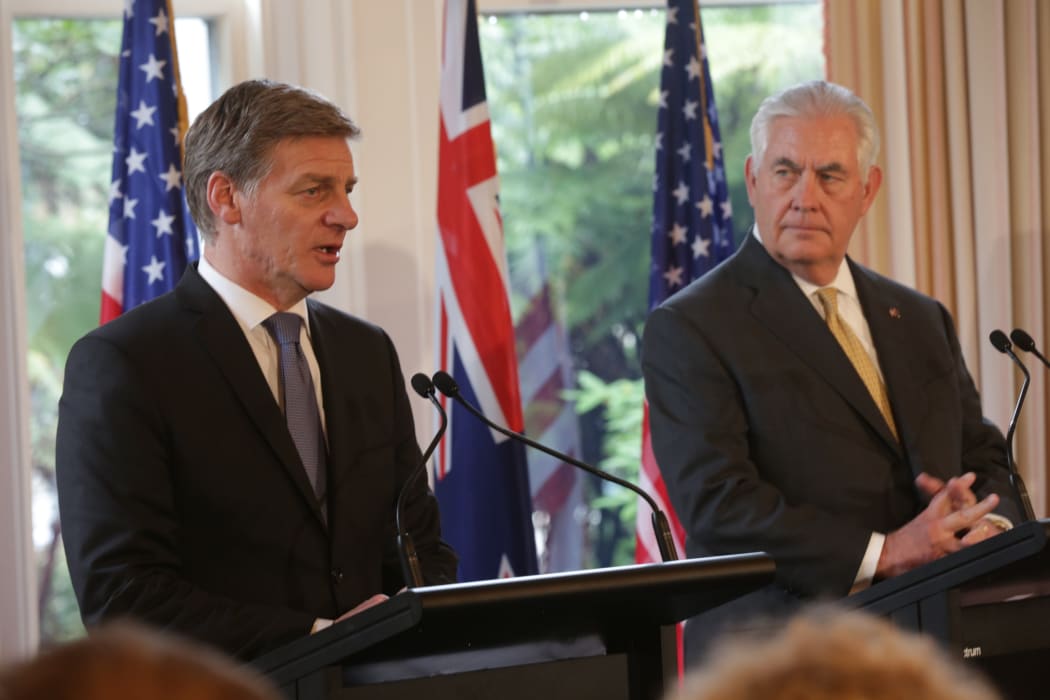 Prime Minister Bill English, left, and US Secretary of State Rex Tillerson at a news conference following their bilateral meeting in Wellington on 6 June 2017.